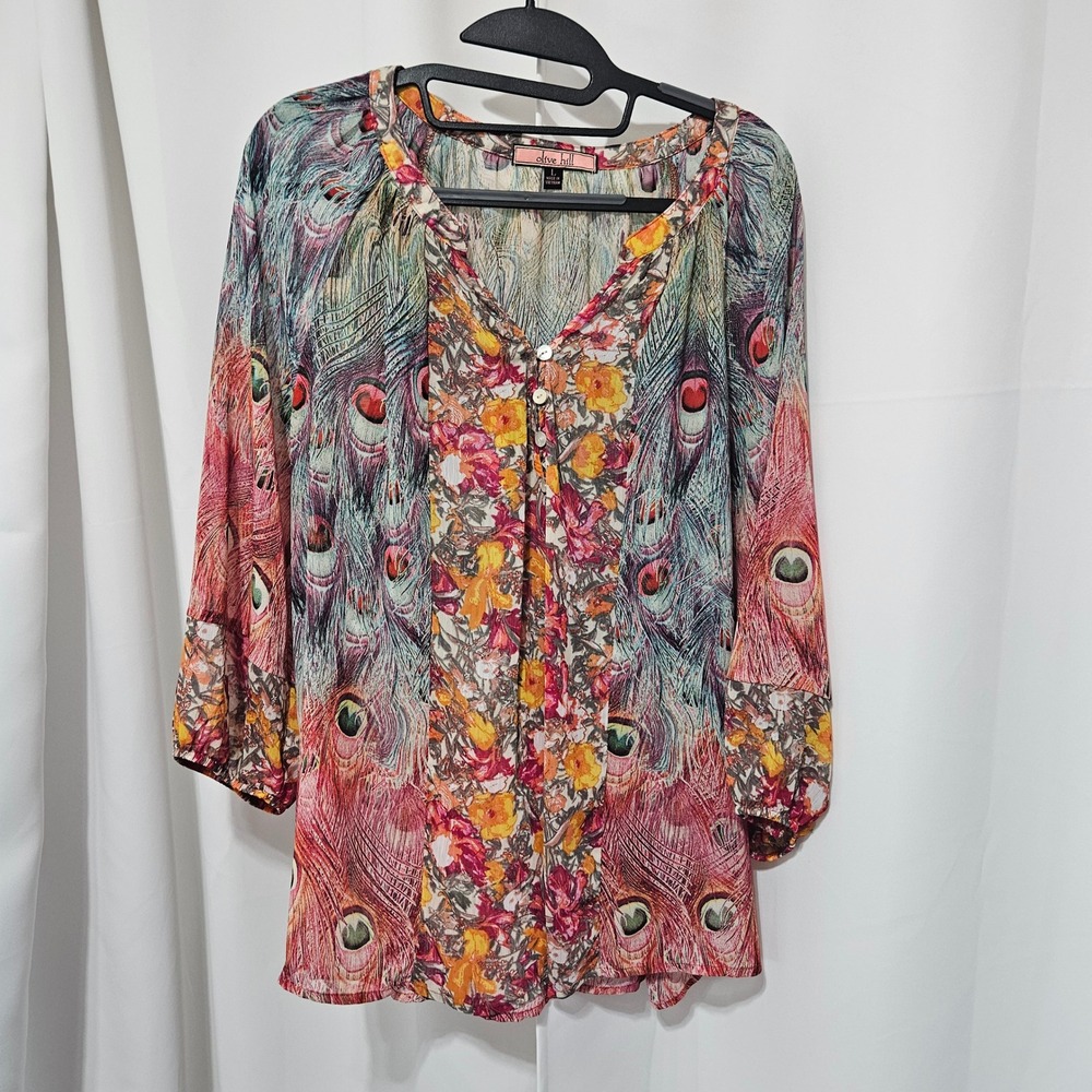 Olive Hill Womens Peacock Feather Floral Print Blouse Large hippie artsy boho